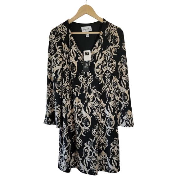 NWT Joseph Ribkoff Black Cream Tie Knot Faux Wrap Sheath Dress Sz 6 Stretchy - Picture 3 of 12